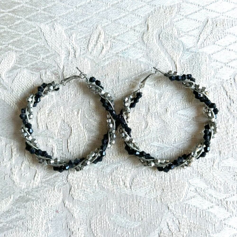 Women's Hoop Earrings Black Silver Beaded Evening Modern